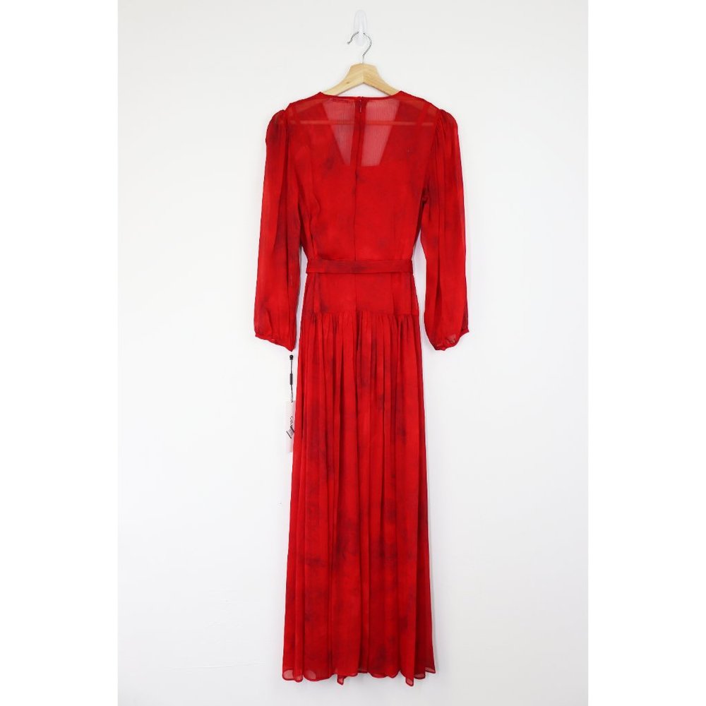 NWT Calvin Klein Chiffon Tie Waist Maxi Dress Surplice V-Neck Long Sleeve Red 6 - Picture 6 of 8